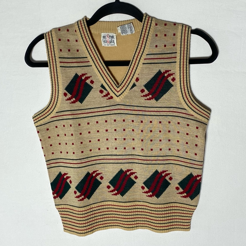 Vintage Mister Leonard Knit Sweater Vest with Geometric Pattern L Academia